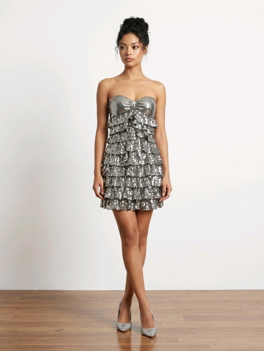 Silver Sequin Strapless Mini Dress Y2K Party Ruffle Tiered Club Dress Medium